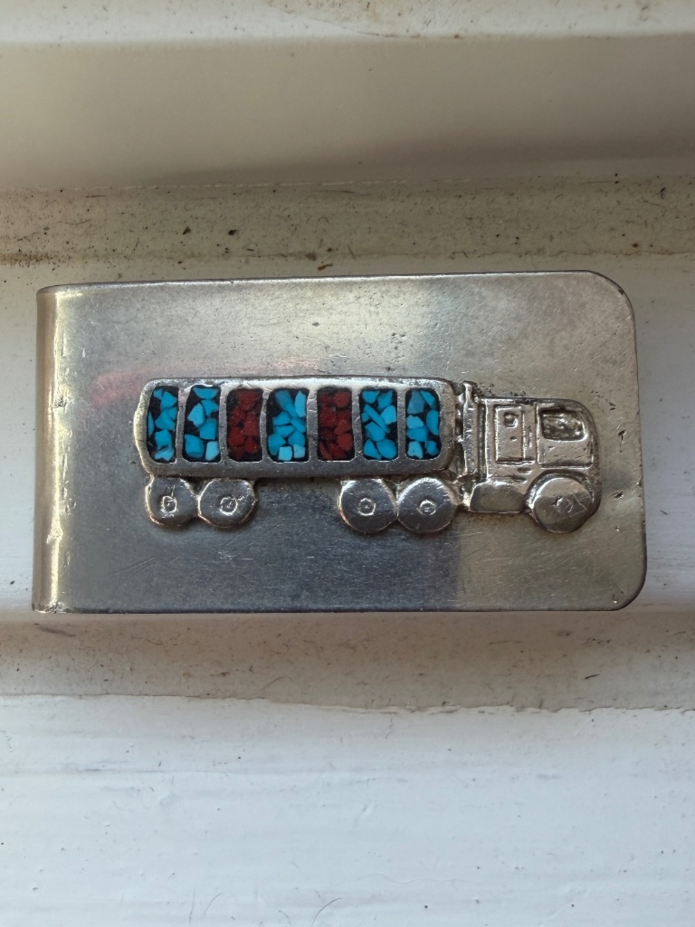 Vintage 70s Native American Style Turquoise Coral Chip Inlay Money Clip Southwes